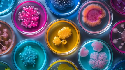 Colorful petri dish samples in a laboratory setting, showcasing various types of bacteria cultures in a scientific research or medical diagnosis context.