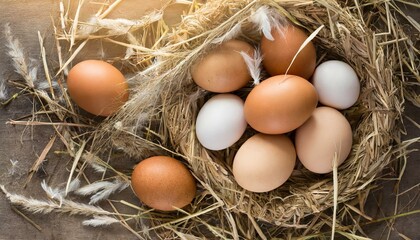 Chicken eggs from an organic farm, top view. Easter background,egg, nest, eggs, food, chicken, straw, brown, easter, 
