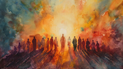 A painting of a group of people walking in a line with a sun in the background