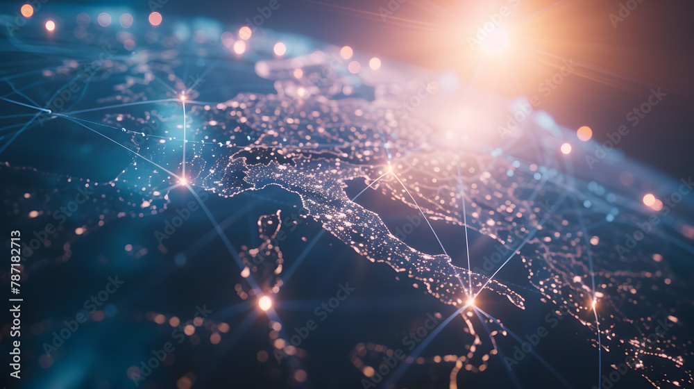 Poster Communication technology with global internet network connected in Europe Telecommunication and data transfer european connection links IoT finance business blockchain security : Generative AI