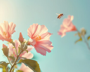 Beautiful pastel pink flowers  with delicate petals, captured in the gentle sunlight with a bee flying around. Blue sky in the background. Spring blossom. Minimal spring and summer wallpaper