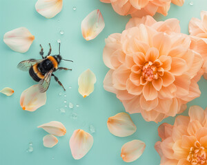 Top view photography of peach colored flower petals and a bumblebee floating on a turquoise background. Minimal spring and summer background