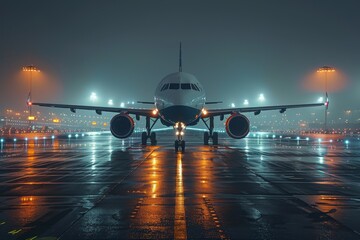 Impressive front view of an aircraft ready for departure, elegantly illuminated under the shimmery rain-soaked night at an airport runway