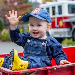 Joyful Toddler Playing Fireman in Rain. Generative ai