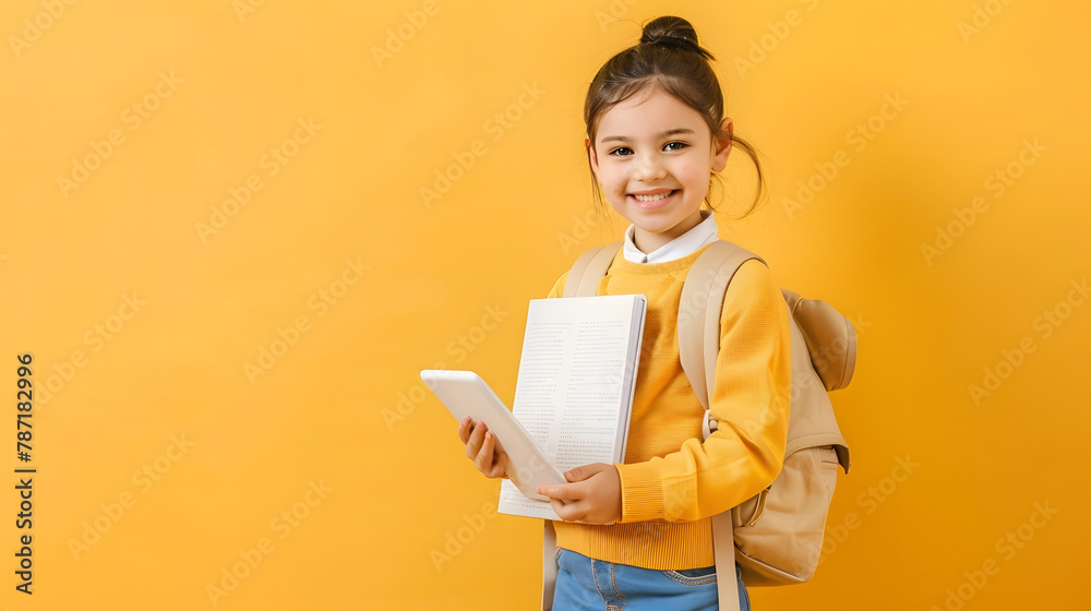 Aufkleber study and technologies smiling little schoolgirl holding paper book and digital tablet happy cute pr