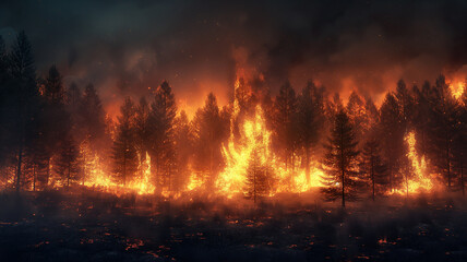 A forest fire is raging through a wooded area, with trees - obrazy, fototapety, plakaty
