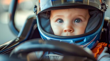 Future Racer: Baby with Racing Helmet and Steering Wheel. Generative ai