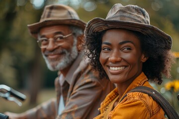 Fototapeta premium An African American couple is pictured with joyful expressions, wearing hats and nature in the background, likely on a bicycle ride