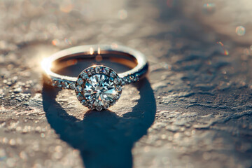 closeup of a diamond ring illuminated with direct sunlight and harsh shadows - obrazy, fototapety, plakaty
