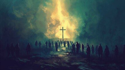 A painting of a cross surrounded by a group of people