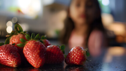 Fresh strawberries in focus on a kitchen counter with copy space a biracial girl is partially visible in the background suggesting a home setting : Generative AI - Powered by Adobe