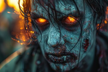 A zombie portrait set against orange highlights, giving a flickering menace