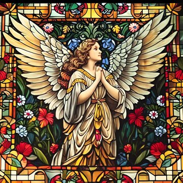 Stained glass window of an angel with flowers