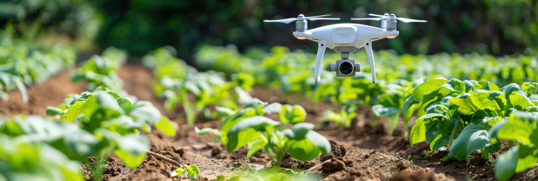A smart agriculture scene with sensors and drones monitoring crop health and irrigation levels in a field.