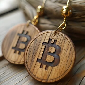 Wooden keychains with carved Bitcoin symbols, attached to gold-colored clasps, resting on a woven surface