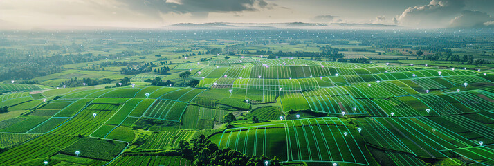 A smart agriculture scene with sensors and drones monitoring crop health and irrigation levels in a field.