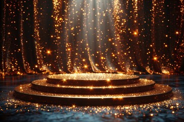 A captivating image of a three-layered podium illuminated by sparkling golden lights creating an ambiance of opulence