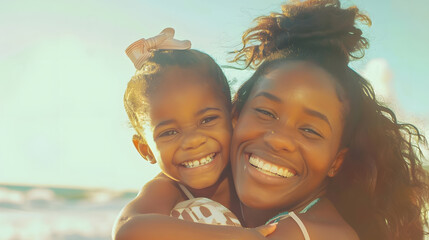 Smiling young black mother and beautiful daughter having fun on the beach with copy space Portrait of happy sister giving a piggyback ride to cute little girl at seaside Lovely kid emb : Generative AI - Powered by Adobe