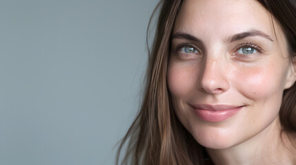 Portrait of beautiful smiling 30 years woman isolated on grey background closeup Copy space Banner Pretty face Looking at camera White skin big eyes and long brown hair European appear : Generative AI