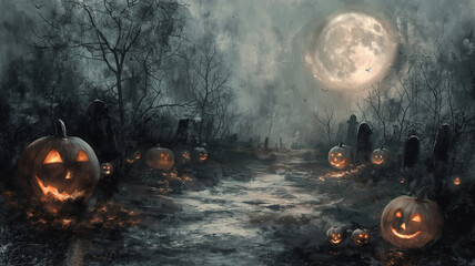 A Halloween scene with pumpkins and a moon