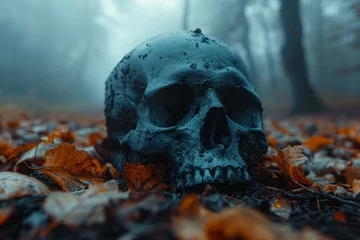 Foto op Aluminium A human skull lies amongst fallen autumn leaves, creating a somber scene in a misty forest © Larisa AI