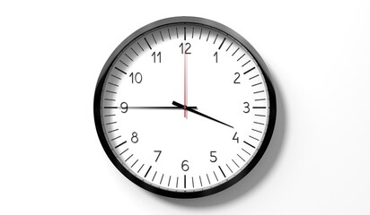 Time at quarter to 4 o clock - classic analog clock on white background - 3D illustration