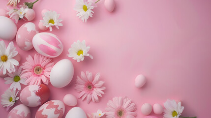 Obraz na płótnie Canvas Easter egg shape concept with decorated eggs and flowers on pastel pink background Spring and Easter abstract design Top view copy space : Generative AI