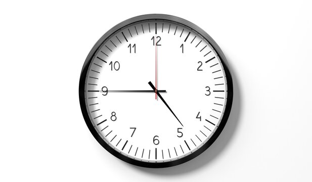 Time at quarter to 5 o clock - classic analog clock on white background - 3D illustration