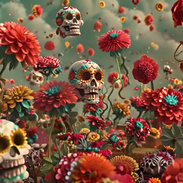 Sugar skulls in a field of marigolds with a stormy sky in the background