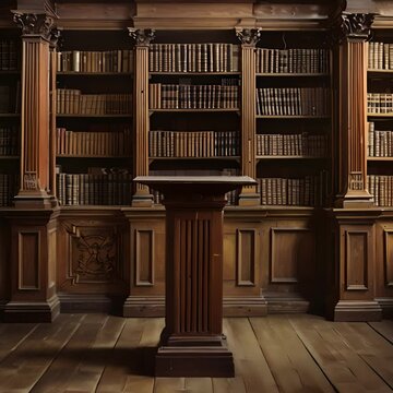 An ornate wooden lectern stands at the forefront in a classic library filled with shelves of hardbound books.