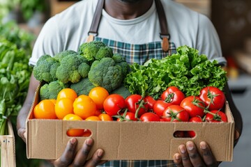 A person in an apron presents a box piled with fresh, organic vegetables, emphasizing a healthy lifestyle