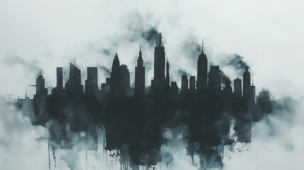 A city skyline is shown in a painting with a foggy atmosphere
