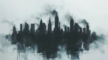 Foto op Plexiglas Aquarelschilderij wolkenkrabber A city skyline is shown in a painting with a foggy atmosphere