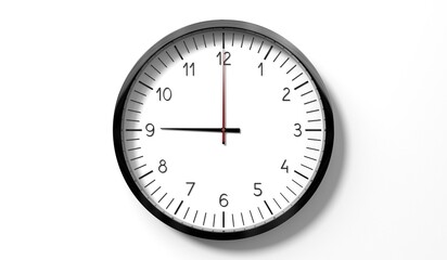 Time at 9 o clock - classic analog clock on white background - 3D illustration