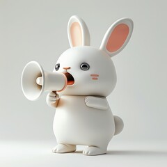 A cute kawaii 3D mascot character design cartoon rabbit bunny holding a megaphone