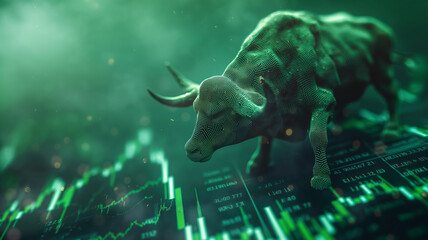 A bull is standing on a green background with a bunch of numbers and lines