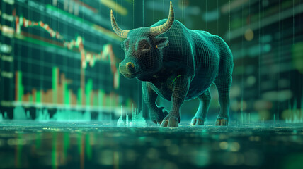 A bull is walking through a city with a lot of financial data on the walls