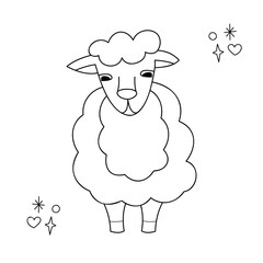 Cute fluffy sheep. Doodle outline vector black and white illustration.