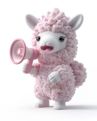 A cute kawaii 3D mascot character design pink and white cartoon lamb alpaca llama holding a megaphone