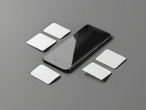 mockup, iphone with black screen, 5 white cards in total 4 on the left side of the phone and one single 