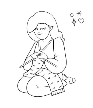 A sitting girl knits. Doodle outline vector black and white illustration.