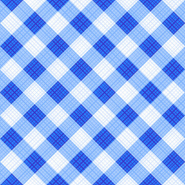 Seamless blue colors gingham fabric cloth, tablecloth, pattern, swatch, background, or wallpaper with fabric texture visible. Diagonal repeat pattern. Single tile here. Vichy checks.

