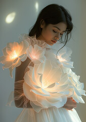 model in a dress of laminated white flowers, futuristic feminine fashion