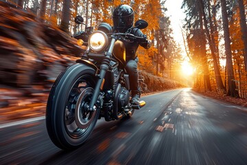 A motorcyclist enjoys a tranquil ride through a forest road bathed in the warm light of a setting sun, giving a sense of freedom