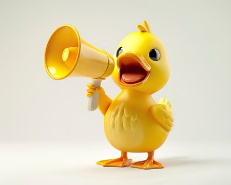 A cute kawaii 3D mascot character design yellow duck holding a megaphone