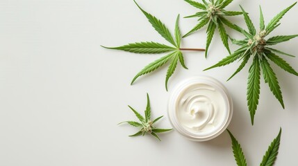 Organic CBD marijuana infused face cream with hemps extract, natural ingredients concept, on white background, banner, copy space - obrazy, fototapety, plakaty