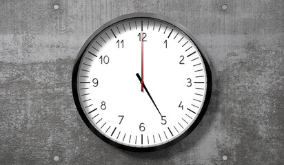 Time at 5 o clock - classic analog clock on rough concrete wall - 3D illustration