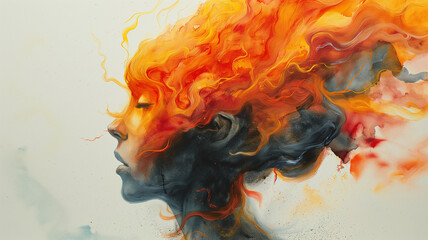 A woman's head with a fiery mane - obrazy, fototapety, plakaty
