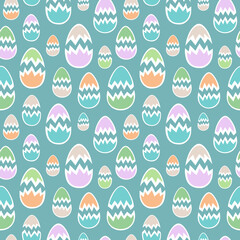 Colorful broken eggshells in pastel shades arranged in seamless pattern. Attractive Easter surface art on teal backdrop for printing on various materials or use in graphic design projects.