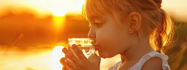 a little girl drinks water from a glass on the background of the sunset - obrazy, fototapety, plakaty